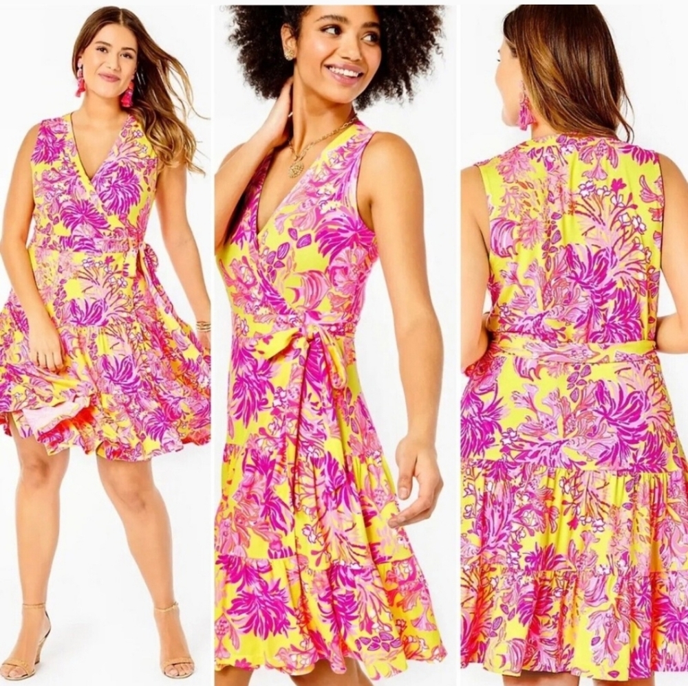 NWT LILLT PULTIZR Floral Wrap Dress in Calla Yellow Flieal Coral